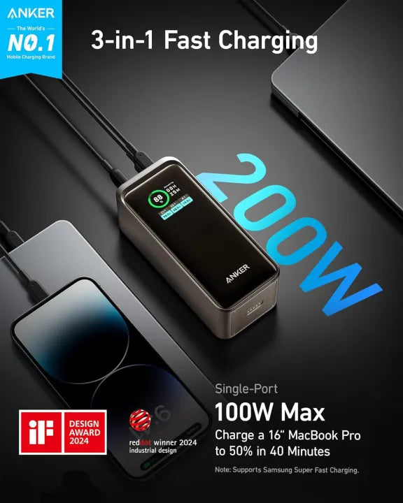 Anker Prime Power Bank, 20,000mAh 200W, TSA-Approved, Smart Display