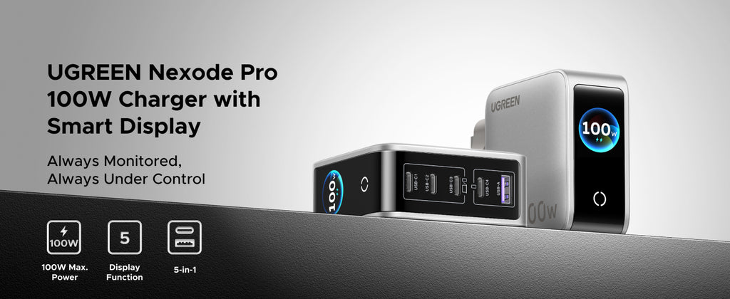 UGREEN 65621B 100W Nexode Pro 5-Port GaN Fast Charger with Smart Display UK X773