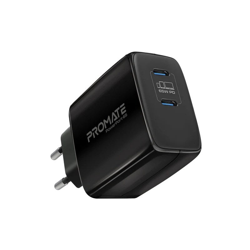 Promate 65W Super Speed GaNFast® Charging Adapter with Dual Type C Ports