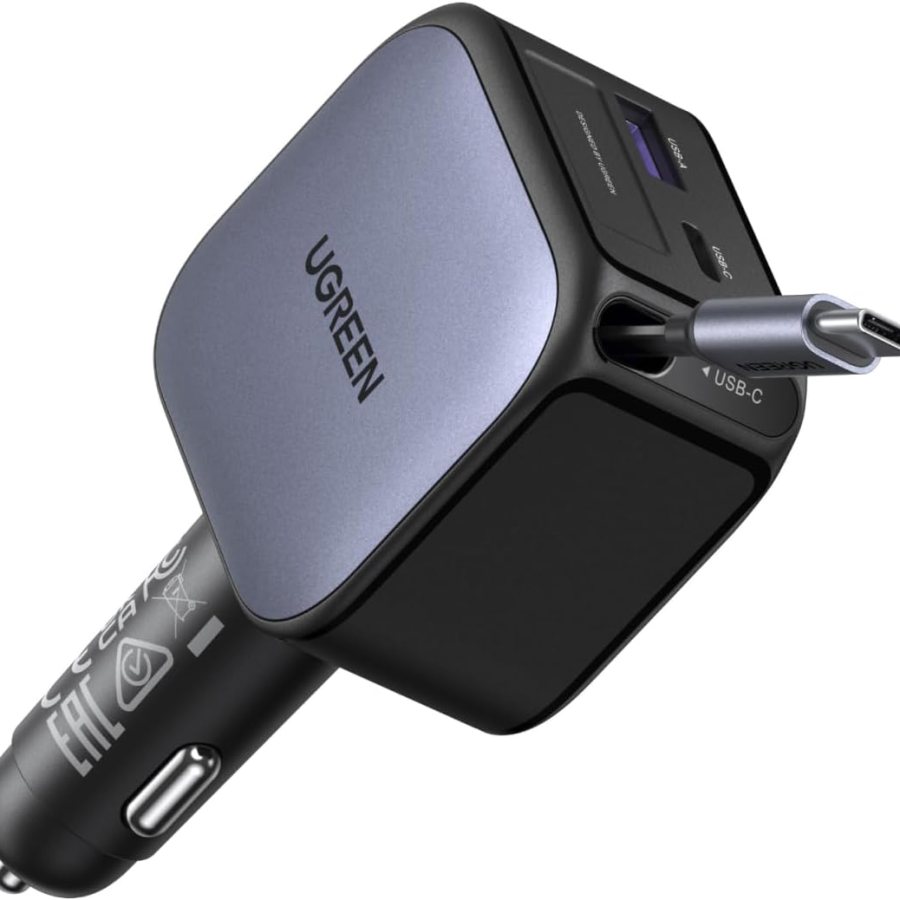 UGREEN 60W 2C1A Car Charger with Retractable Cable, 3-Port Fast Charger with 30W PD USB-C, USB-A, Cigarette Lighter Adapter for iPhone 17/16/15, Galaxy S25/S24, iPad, GPS, 12V Car Accessories
