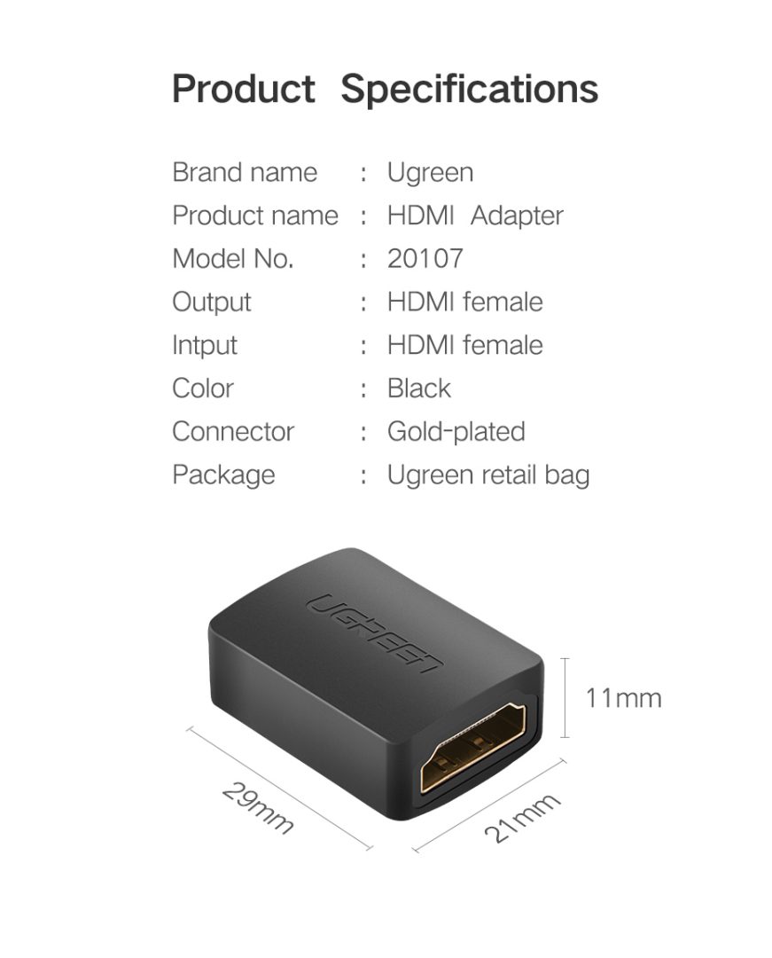 UGREEN HDMI Female to Female Adapter for Extension | 20107