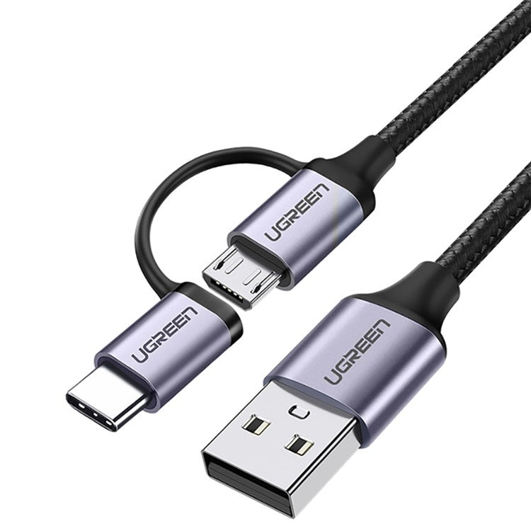 UGREEN 1m 2 in 1 USB Cable 3A Fast Charging Cord USB2.0 to Micro USB + Type-C Data Cable Aluminum High-Speed Data Sync Transfer