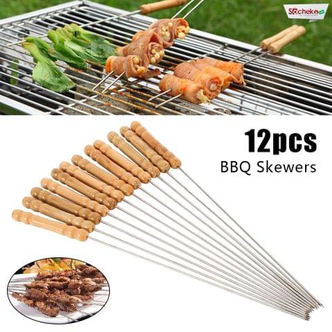 Barbecue Skewers，Meccion 10Pcs Stainless Steel Barbecue String with Wooden Handle BBQ Stick Needles