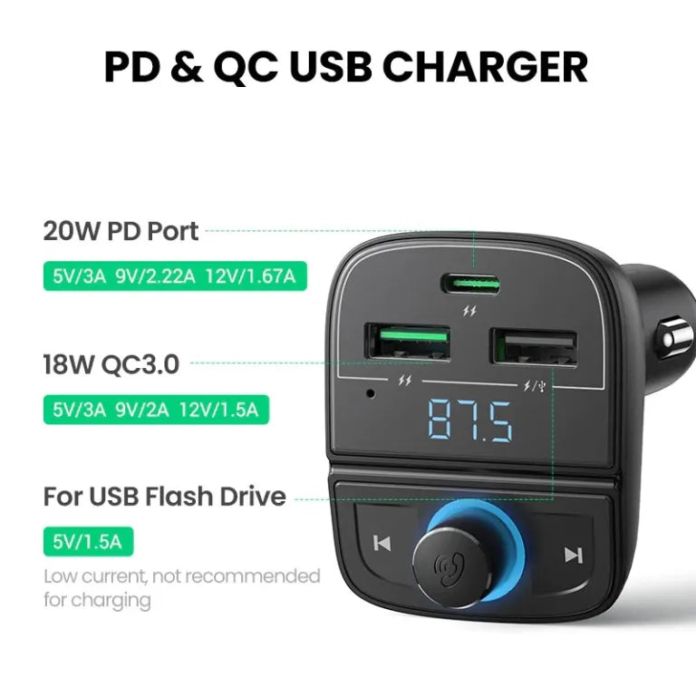 Ugreen FM&Bluetooth Transmitter&Car Charger + TF Slot