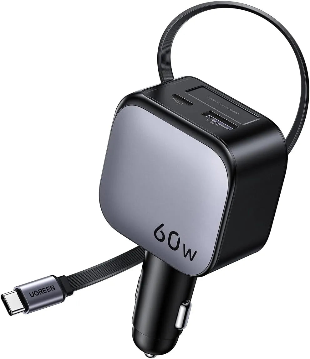 UGREEN 60W 2C1A Car Charger with Retractable Cable, 3-Port Fast Charger with 30W PD USB-C, USB-A, Cigarette Lighter Adapter for iPhone 17/16/15, Galaxy S25/S24, iPad, GPS, 12V Car Accessories | 55212B