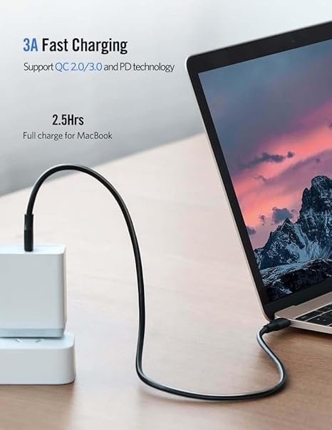 Ugreen 60W US286-60788 USB 2.0 Type C TO Type C Cable 3A Fast Charging Cable TPE 1M Black