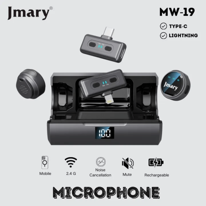 JMARY MW-19 Dual Wireless Lavalier Microphone for iPhone & Android (Type-C & Lightning) with Noise Cancellation & Charging Case