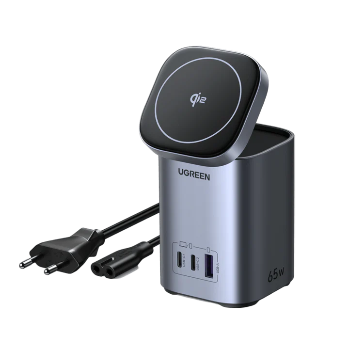 USB-C Charger 65W, UGREEN Nexode Qi2 Charger 15W Power Supply GaN Wireless Charger 4-in-1 Charging Station with Inductive Charging Stand Compatible with MacBook Pro/Air, iPhone 12-17 Series |55321