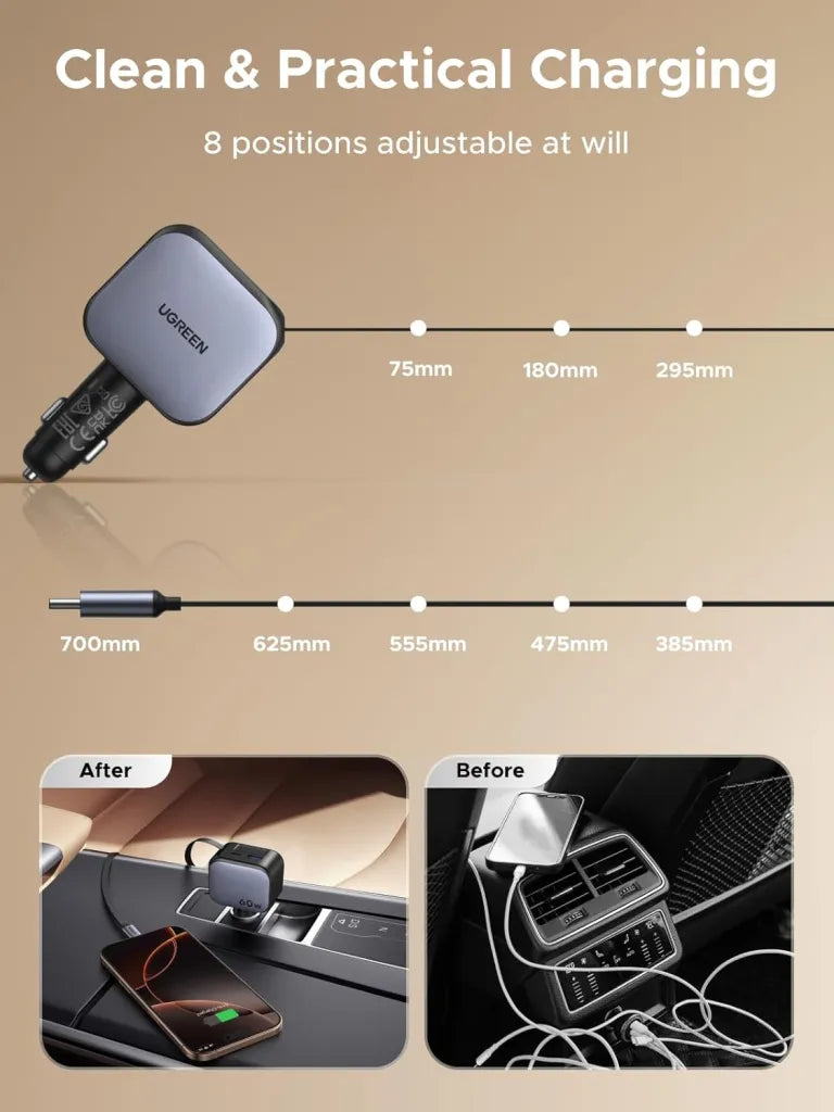 UGREEN 60W 2C1A Car Charger with Retractable Cable, 3-Port Fast Charger with 30W PD USB-C, USB-A, Cigarette Lighter Adapter for iPhone 17/16/15, Galaxy S25/S24, iPad, GPS, 12V Car Accessories | 55212B