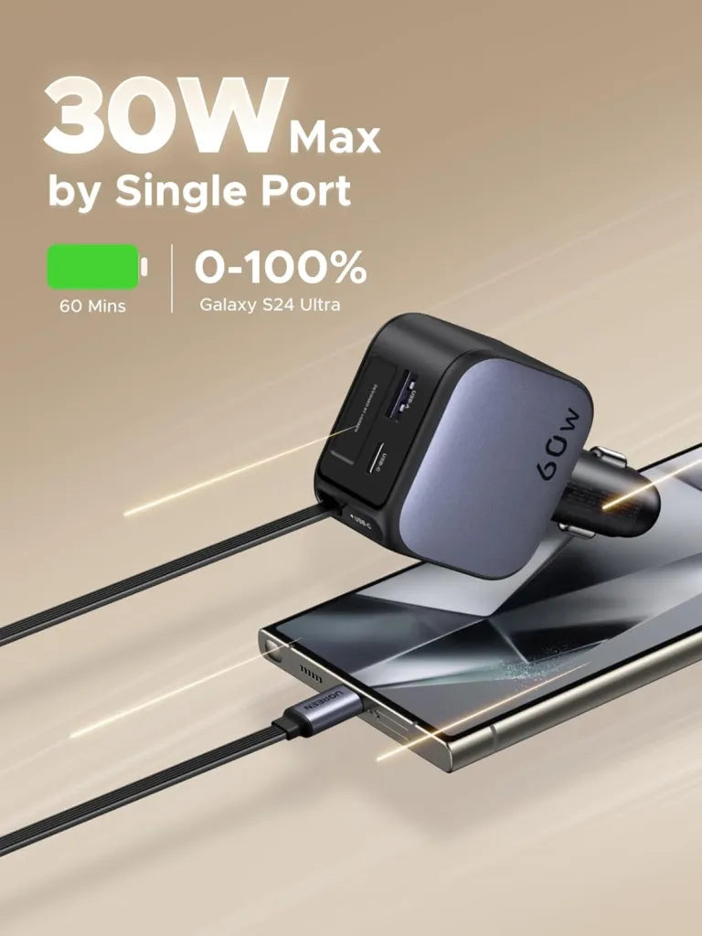 UGREEN 60W 2C1A Car Charger with Retractable Cable, 3-Port Fast Charger with 30W PD USB-C, USB-A, Cigarette Lighter Adapter for iPhone 17/16/15, Galaxy S25/S24, iPad, GPS, 12V Car Accessories
