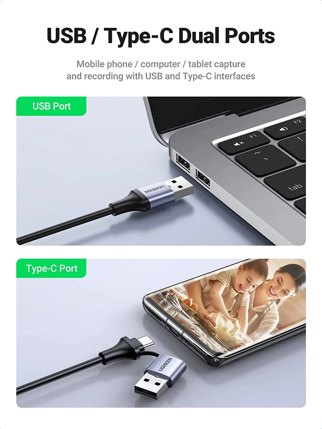 UGREEN Video Capture Card 4K HDMI to USB-A/USB-C HDMI Capture Card Full HD 1080P USB 2.0 Capture Video and Audio Recording for Gaming, Streaming, Teaching, Video Conference