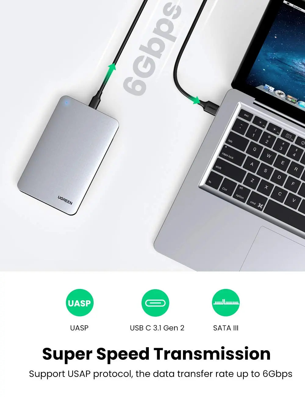 UGREEN 2.5-Inch SATA External Hard Drive Enclosure – USB 3.1 Gen 2, UASP, Aluminum, Tool-Free HDD/SSD Case (70498)