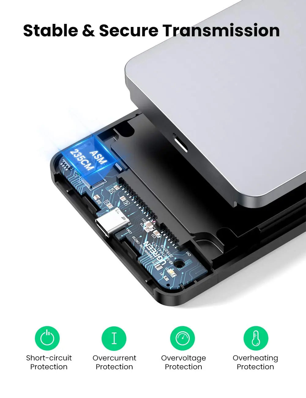 UGREEN 2.5-Inch SATA External Hard Drive Enclosure – USB 3.1 Gen 2, UASP, Aluminum, Tool-Free HDD/SSD Case (70498)