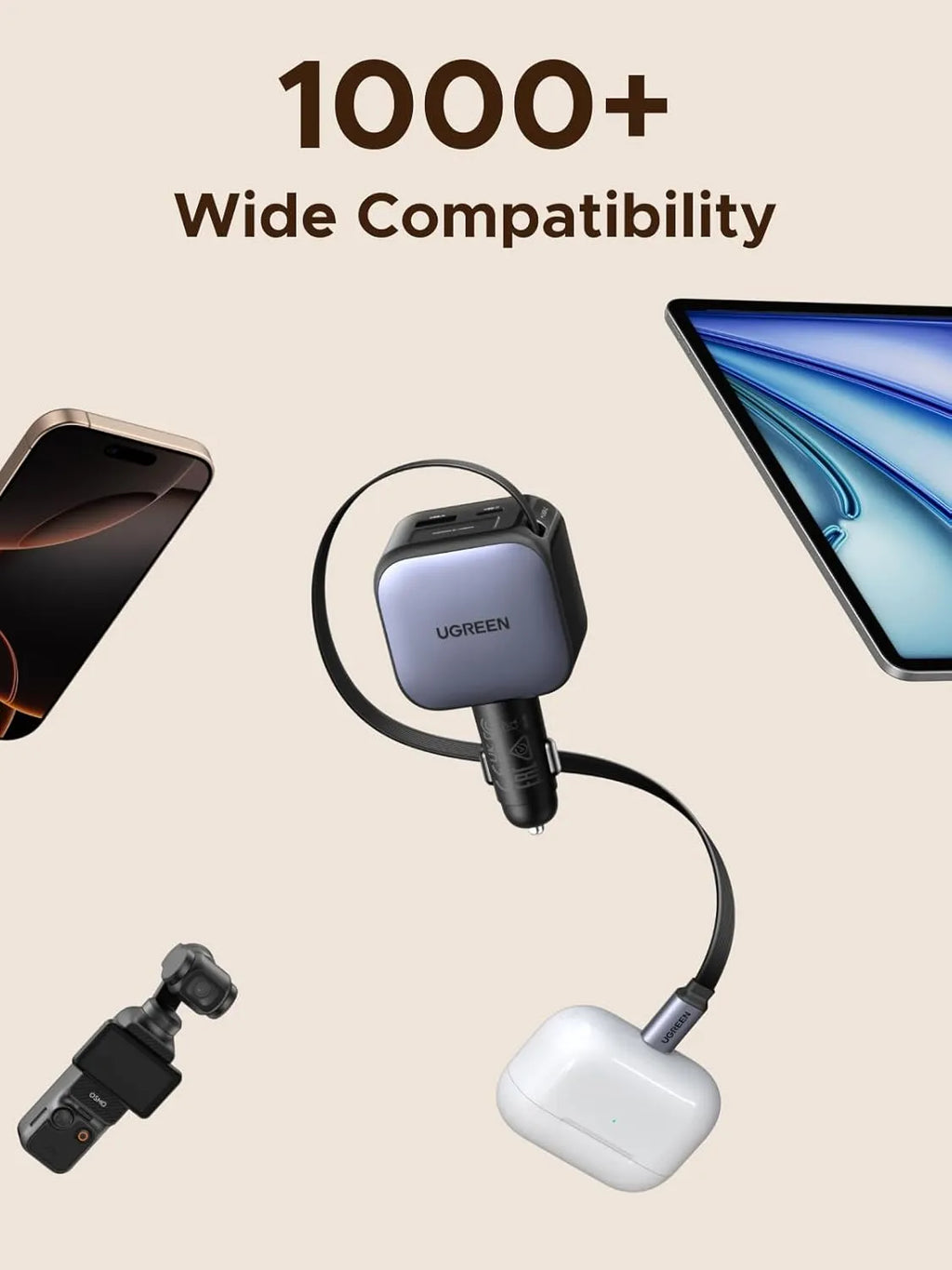 UGREEN 60W 2C1A Car Charger with Retractable Cable, 3-Port Fast Charger with 30W PD USB-C, USB-A, Cigarette Lighter Adapter for iPhone 17/16/15, Galaxy S25/S24, iPad, GPS, 12V Car Accessories | 55212B