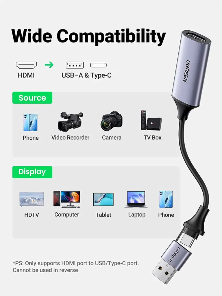 UGREEN Video Capture Card 4K HDMI to USB-A/USB-C HDMI Capture Card Full HD 1080P USB 2.0 Capture Video and Audio Recording for Gaming, Streaming, Teaching, Video Conference