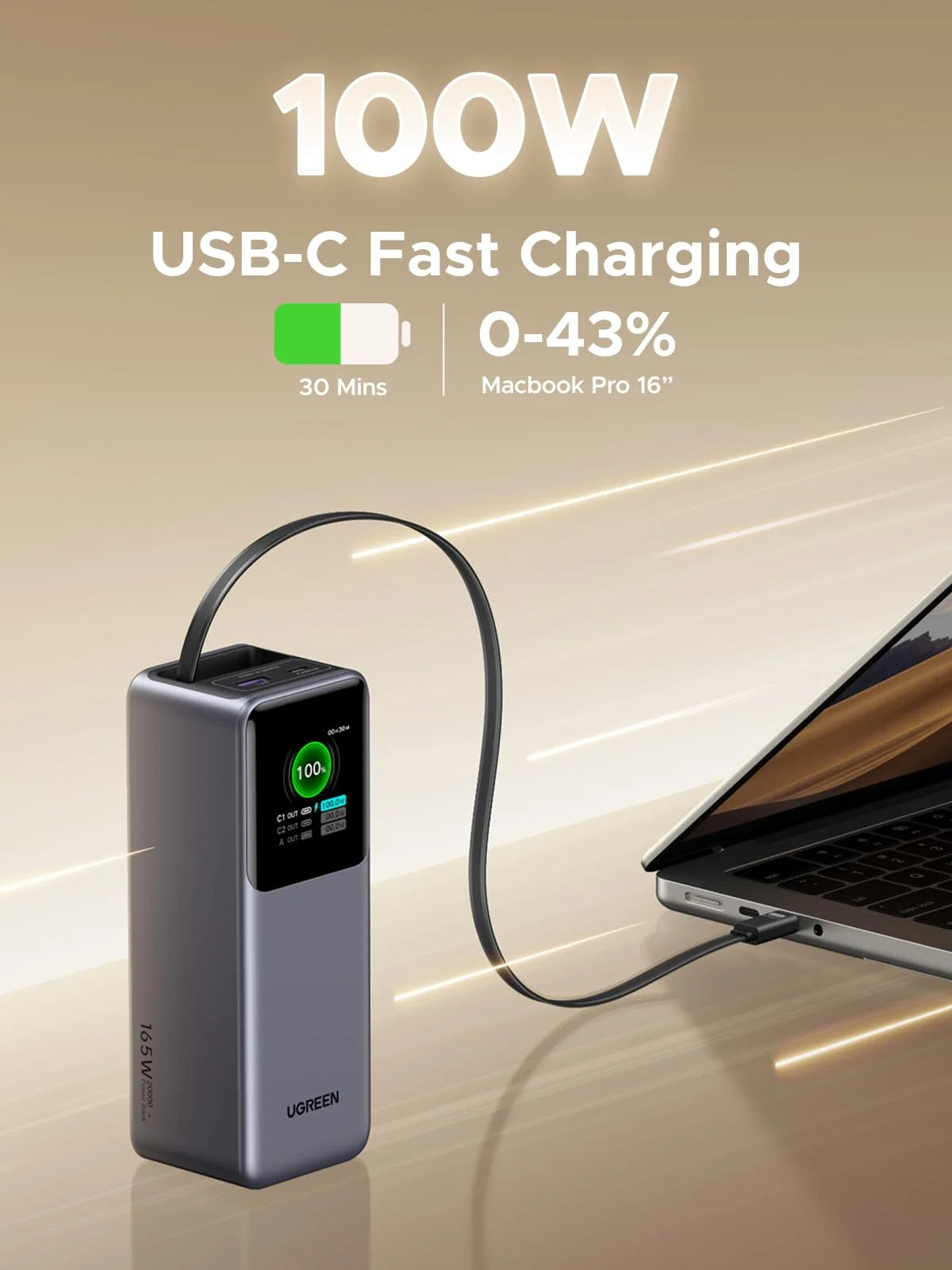 UGREEN Neoxde Pro 165W Power Bank 20000mAh with Built-in Retractable USB C Cable | 95670B