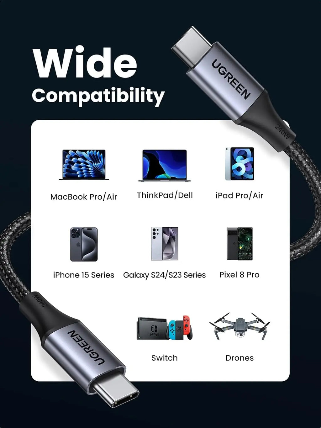 UGREEN USB C to USB C Cable 2M 240W PD 3.1 Fast Charging,480Mbps Data Transfer | 90440 |