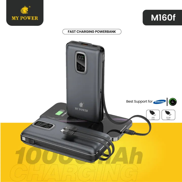Mypower 10000mah fast charging Powerbank | 22.5W Fast Charging | ultra portable powerbank | Attached cable Type-c And Ios| pd charging | M160f