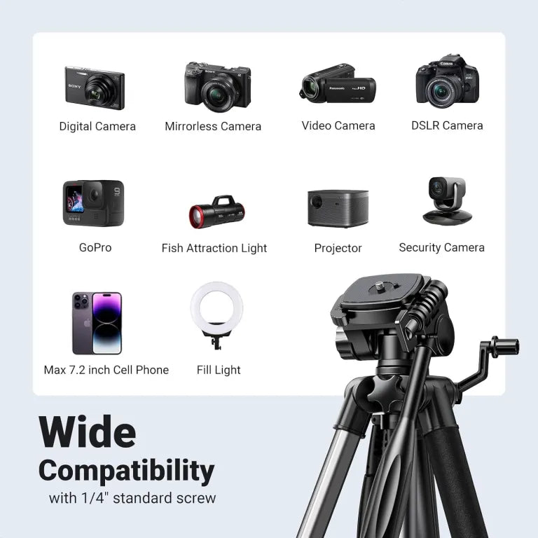 UGREEN Tripod with 53.5-175 cm Height, Lightweight and Portable Travel Tripod, Aluminium Tripod with Mobile Phone Holder and Travel Bag for Camera