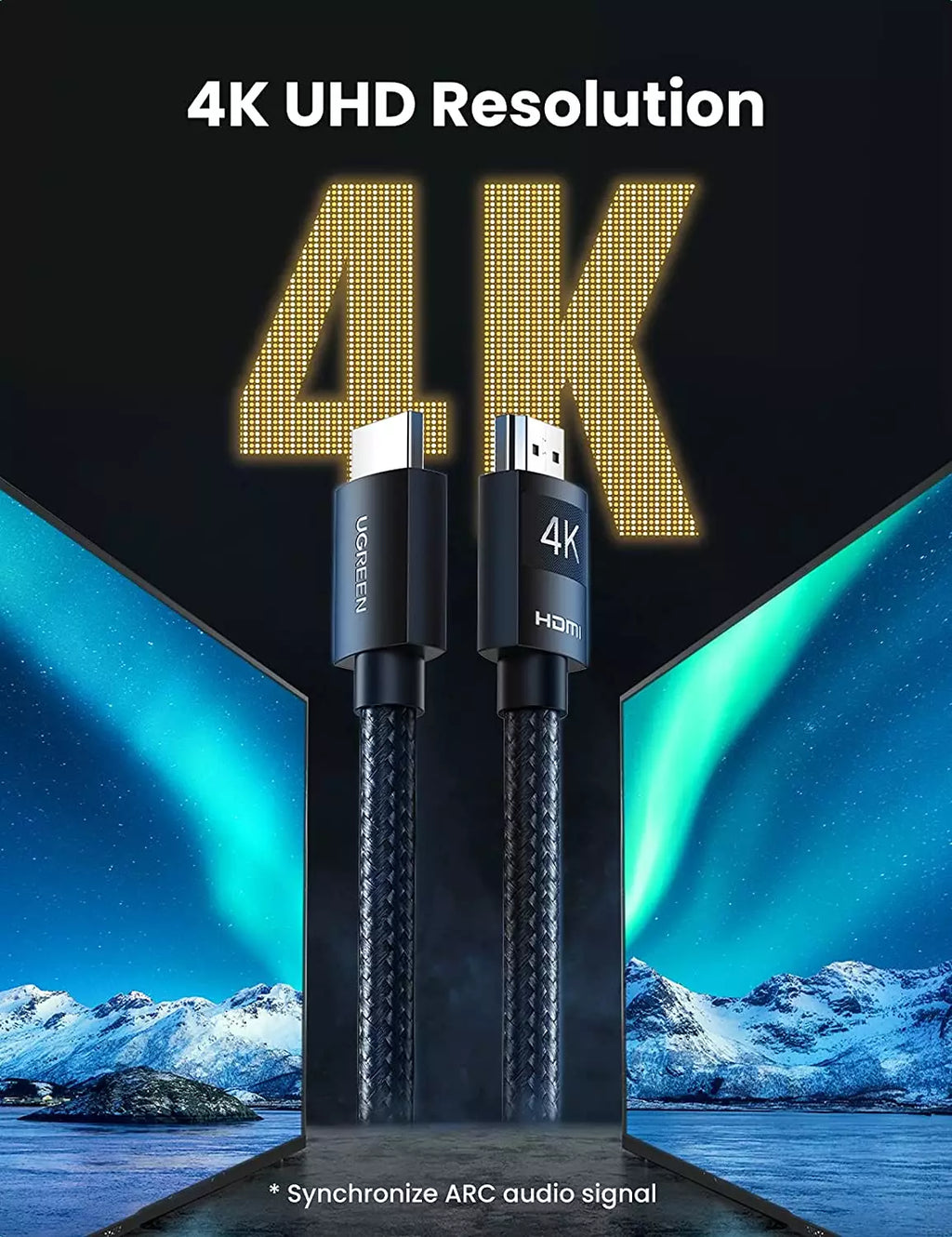 UGREEN 4K HDMI Cable High Speed HDMI Cord Nylon Braided 18Gbps with Ethernet Support 4K 60HZ HDR ARC Compatible – 40104 – 10m – 30 feet