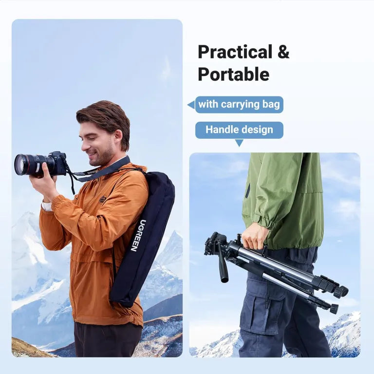 UGREEN Tripod with 53.5-175 cm Height, Lightweight and Portable Travel Tripod, Aluminium Tripod with Mobile Phone Holder and Travel Bag for Camera