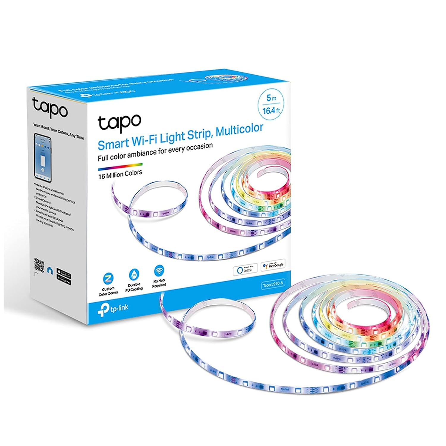 TP-Link Tapo L920-5 Smart LED Light Strip, 16million RGBIC, Sync-to-Sound, 16.4ft, 20.5W Wi-Fi Strip, Alexa/Google, IP44
