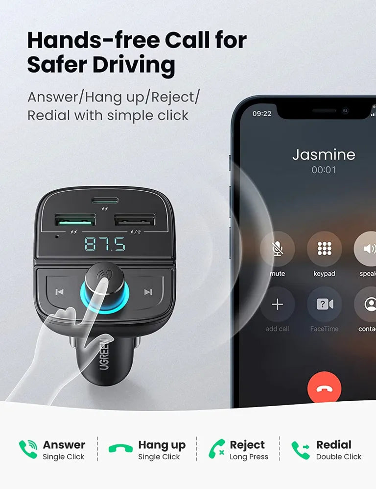 Ugreen FM&Bluetooth Transmitter&Car Charger + TF Slot