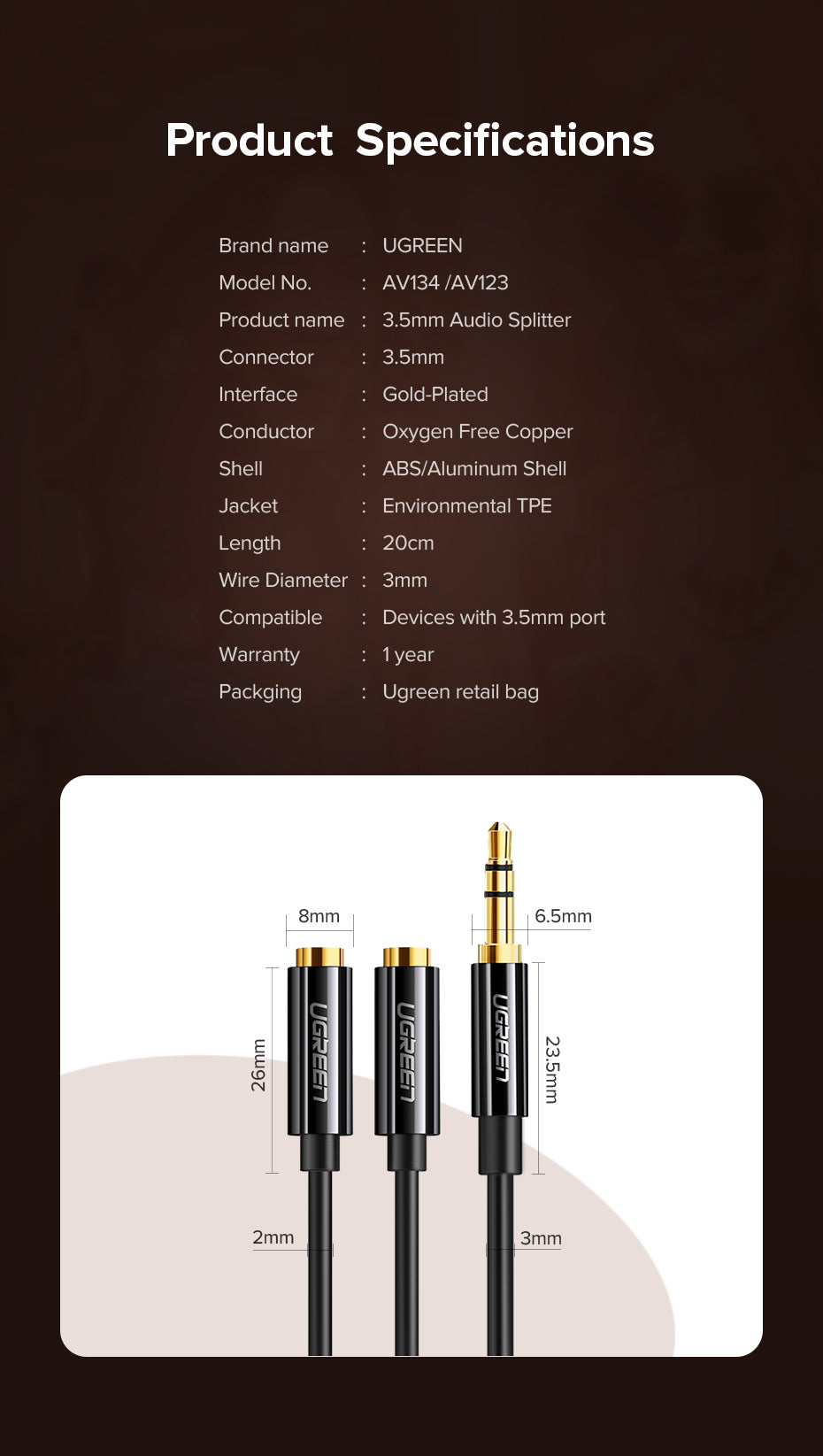 UGREEN 3.5mm Stereo Audio Splitter Cable |20816