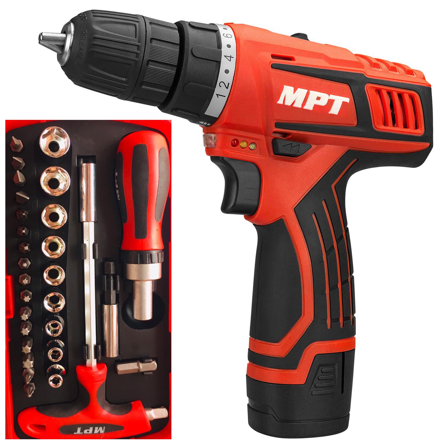MPT 12V 3/8 inch Li-ion Rechargeable Cordless Drill Machine Screwdriver Screw Bits Kit Tools