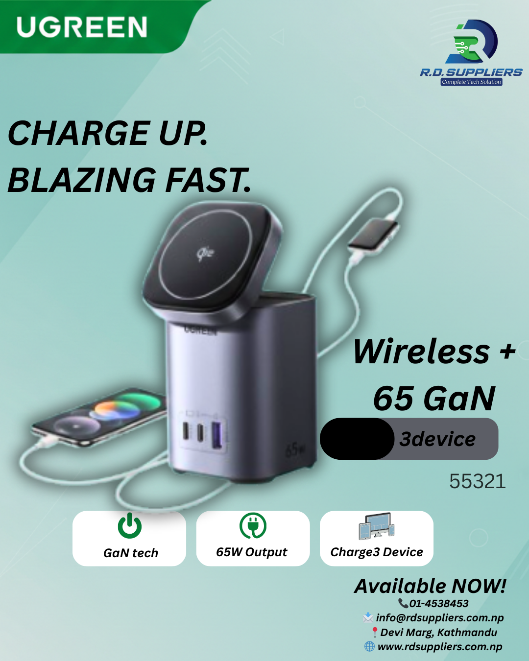 USB-C Charger 65W, UGREEN Nexode Qi2 Charger 15W Power Supply GaN Wireless Charger 4-in-1 Charging Station with Inductive Charging Stand Compatible with MacBook Pro/Air, iPhone 12-17 Series |55321