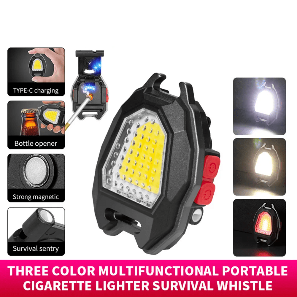 Cigarette Lighter Mini Flashlight Strong Magnet USB Rechargeable COB Pocket Keychain Light Bottle Opener Whistle Camping Lantern