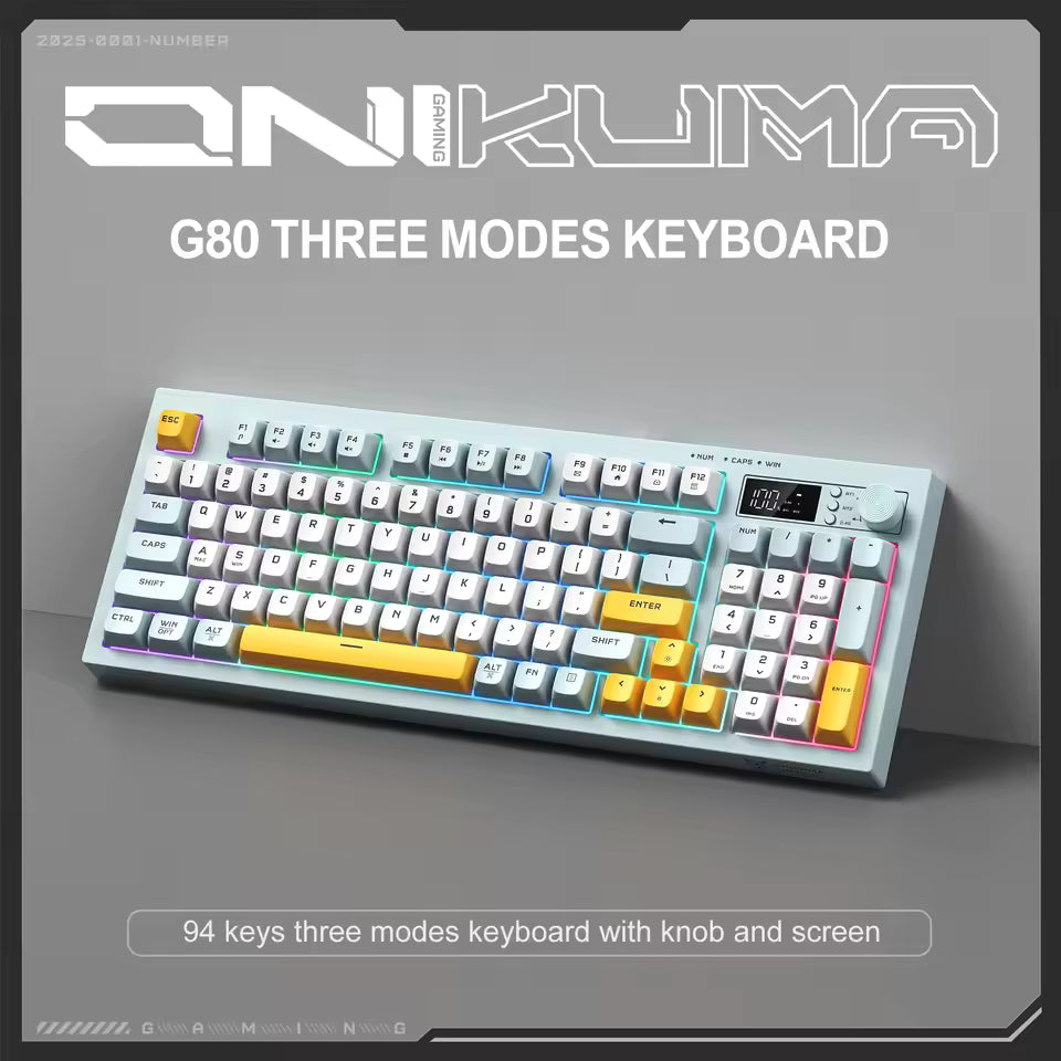 G80 Tri-mode Wired Bluetooth Wireless Gaming Keyboard Gasket Full Key Hot Swap 94 Keys Electronic Screen