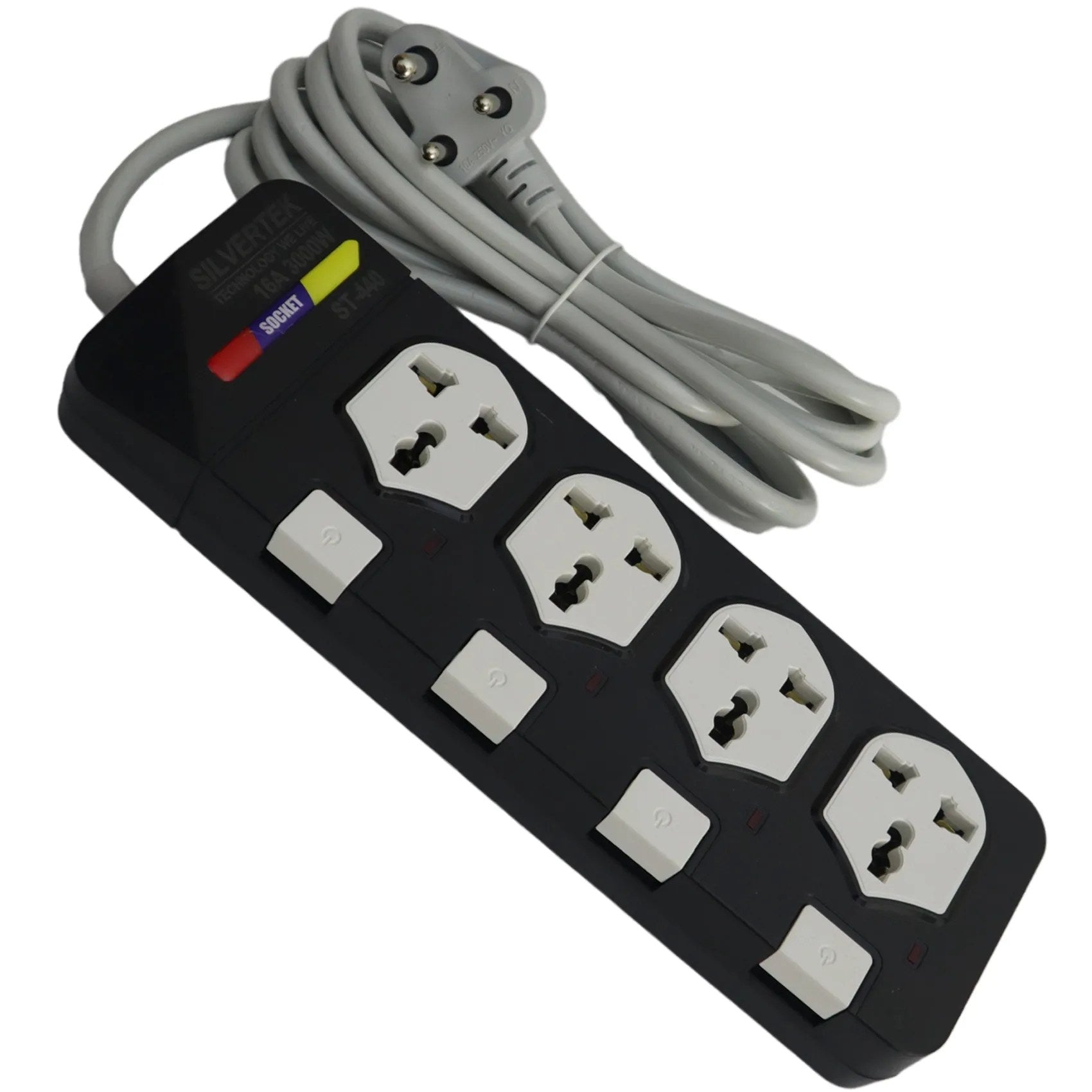 SILVERTEK ST-440 Surge Protector Power Strip Multiplug – 4-Port, 16A, 3000W Max, 3-Pin Universal Socket, 3M Cable, Individual Switches