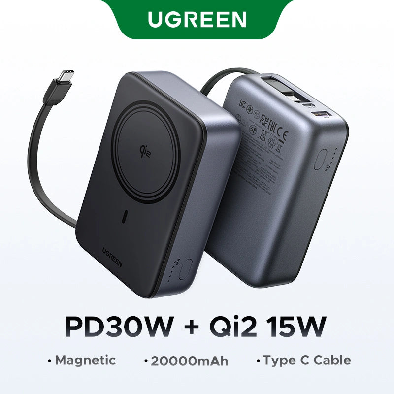 UGREEN 20000mAh 15W Qi2 Magnetic Wireless Power Bank With Type C Cable – PB567- 55450B – 1 Year Warranty