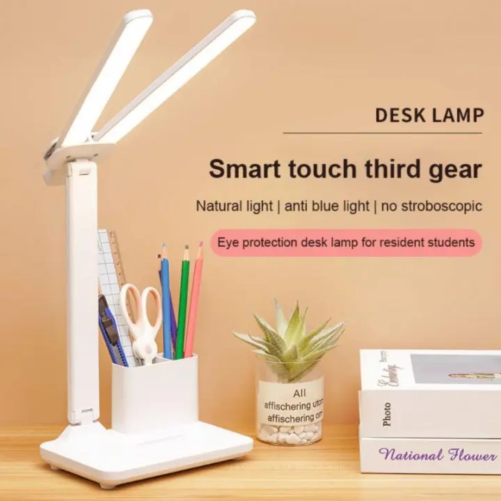 Double Head Desk Lamp With 3 Dimmable LED Lights USB Rechargeable