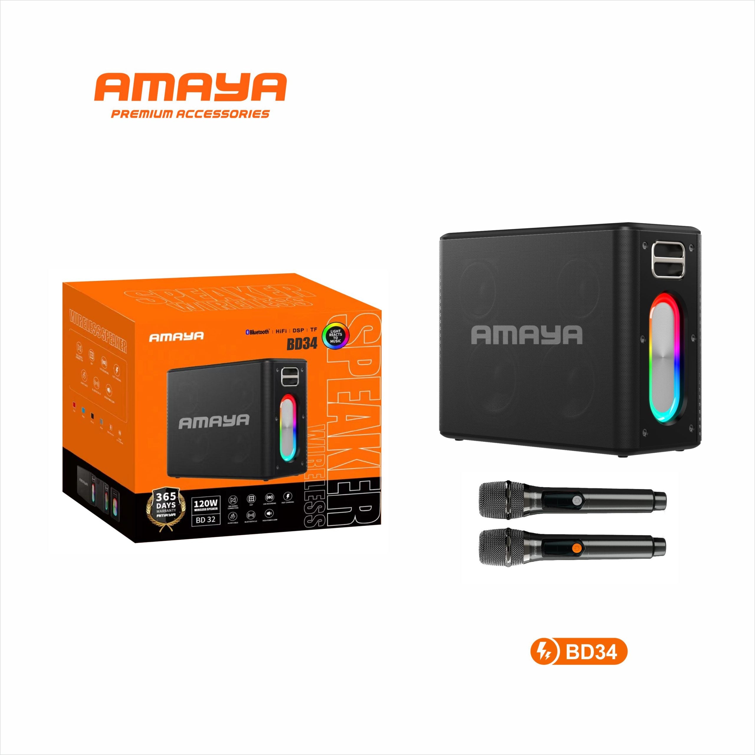 Amaya BD34 wireless Bluetooth speaker 12000mAh IPX5 waterproof outdoor Karaoke with 2 wireless microphone and colorful lights