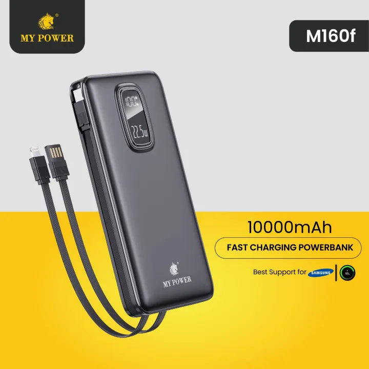 Mypower 10000mah fast charging Powerbank | 22.5W Fast Charging | ultra portable powerbank | Attached cable Type-c And Ios| pd charging | M160f