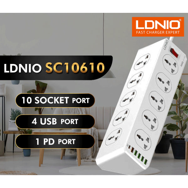 Ldnio SC10610 2500W 10 Sockets + Type-C PD + QC3.0 6 USB Ports Desktop Extension Home Charger with 2m Plug Power Cord