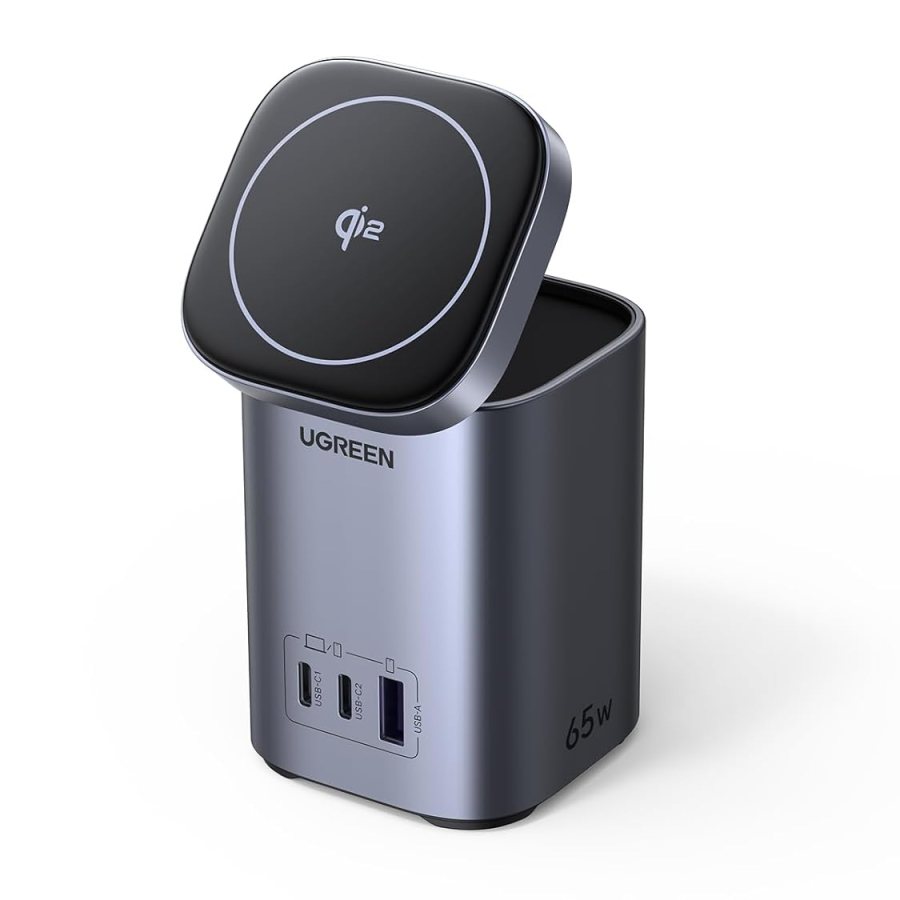 USB-C Charger 65W, UGREEN Nexode Qi2 Charger 15W Power Supply GaN Wireless Charger 4-in-1 Charging Station with Inductive Charging Stand Compatible with MacBook Pro/Air, iPhone 12-17 Series