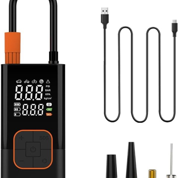 Portable Tire Inflator with LED Light, 150 PSI, Dual Power Supply, Quick Inflation for Car, Bike, Motorcycle & Ball / Air Compressor
