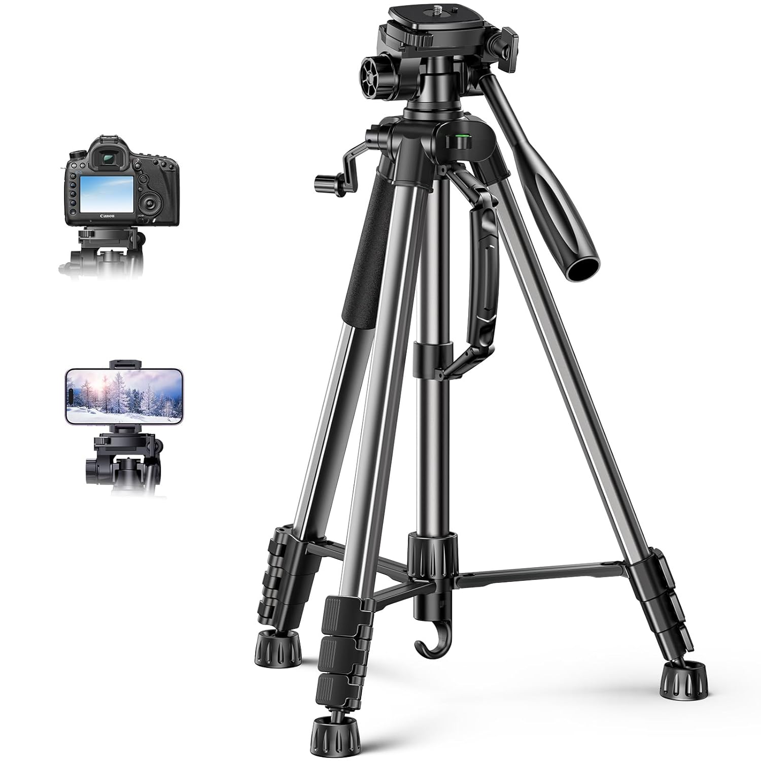UGREEN Tripod with 53.5-175 cm Height, Lightweight and Portable Travel Tripod, Aluminium Tripod with Mobile Phone Holder and Travel Bag for Camera