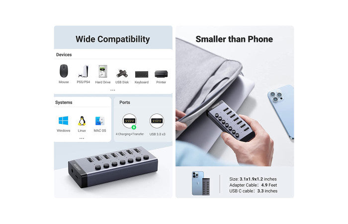 UGREEN 7-Port USB 3.0 Hub with USB-B to USB 3.0 Male Cable