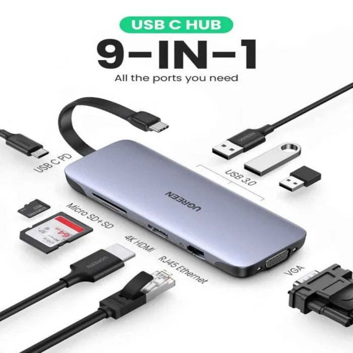 UGREEN 9 IN1 USB-C to3*USB3.0+HDMI+VGA+RJ45 Gigabit+SD&TF +PD port Converter