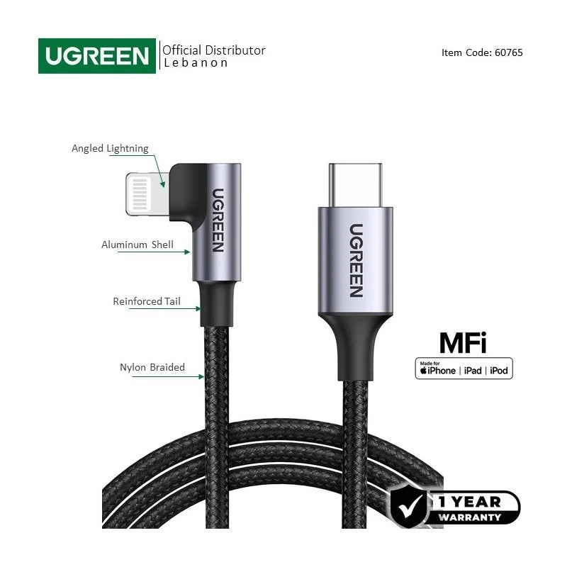 UGREEN USB-C to Lightning PD Fast Charging 90 Degree Cable 3A Max 1m