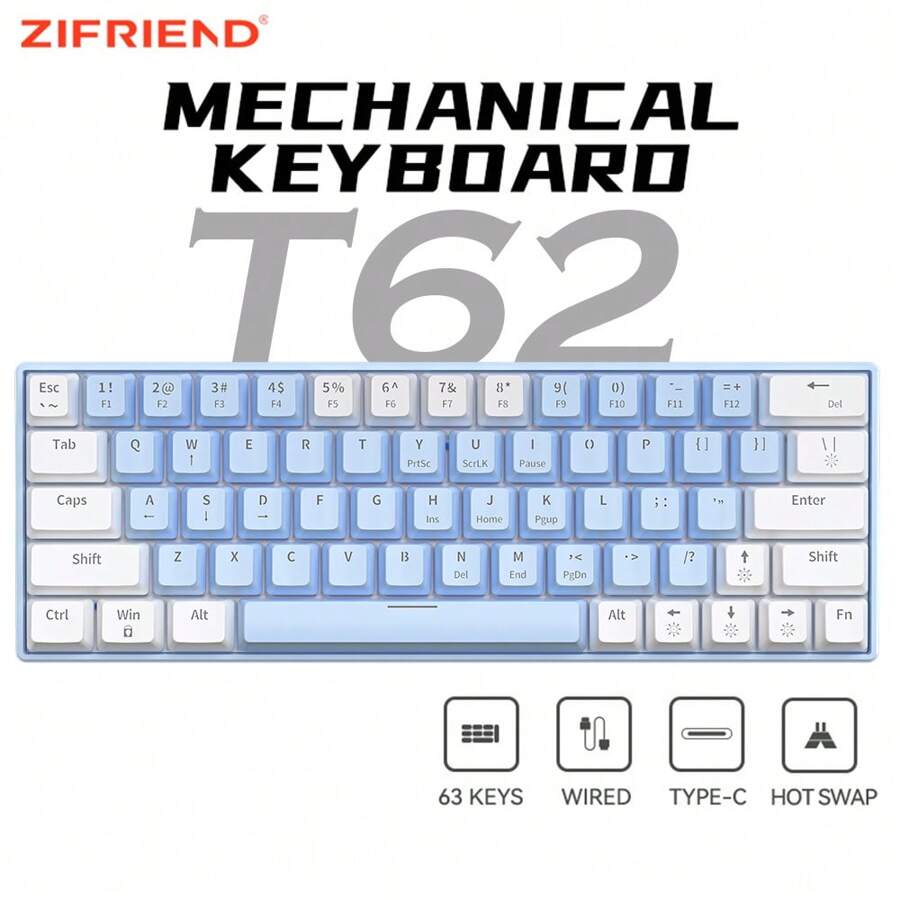 ZIFRIEND T62 Mechanical Keyboard 63 Key Blue Switch Rainbow Backlit Hotswap